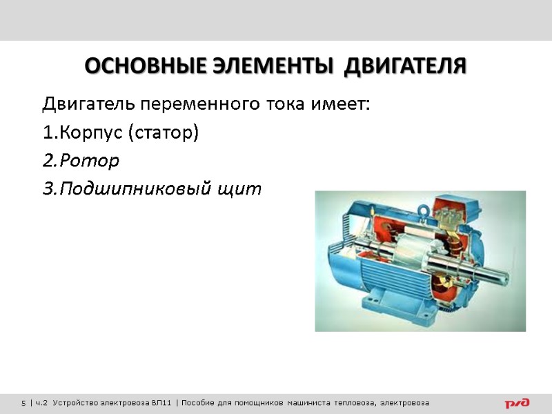 ОСНОВНЫЕ ЭЛЕМЕНТЫ  ДВИГАТЕЛЯ Двигатель переменного тока имеет:  Корпус (статор) Ротор Подшипниковый щит